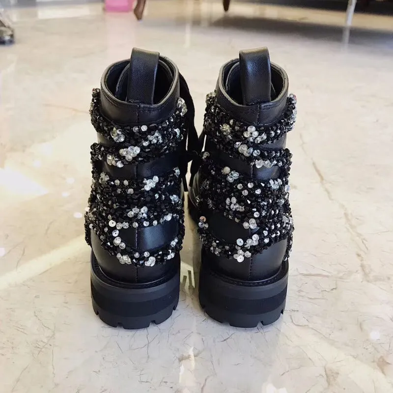 Classic Black Leather lace up Ankle Boots For Women Square heels Rhinestone Short Boots Comfortable Flat Winter Shoes Woman