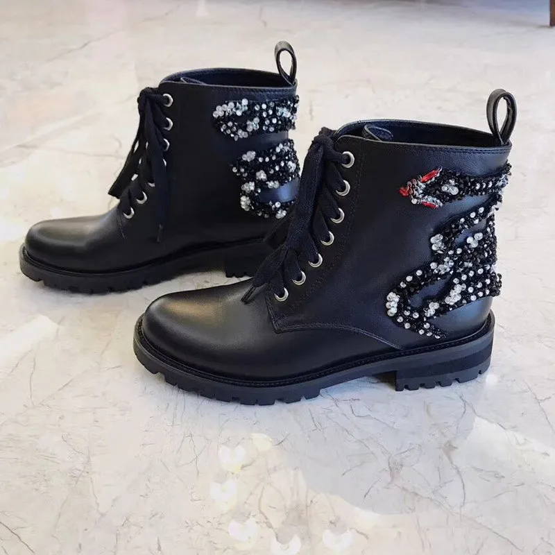 Classic Black Leather lace up Ankle Boots For Women Square heels Rhinestone Short Boots Comfortable Flat Winter Shoes Woman