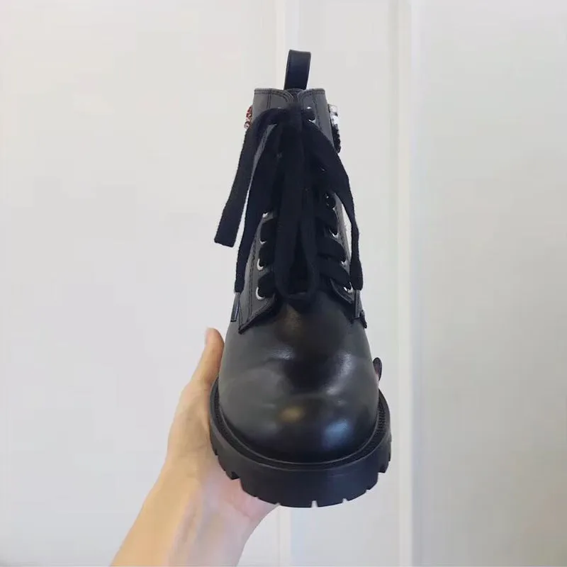 Classic Black Leather lace up Ankle Boots For Women Square heels Rhinestone Short Boots Comfortable Flat Winter Shoes Woman