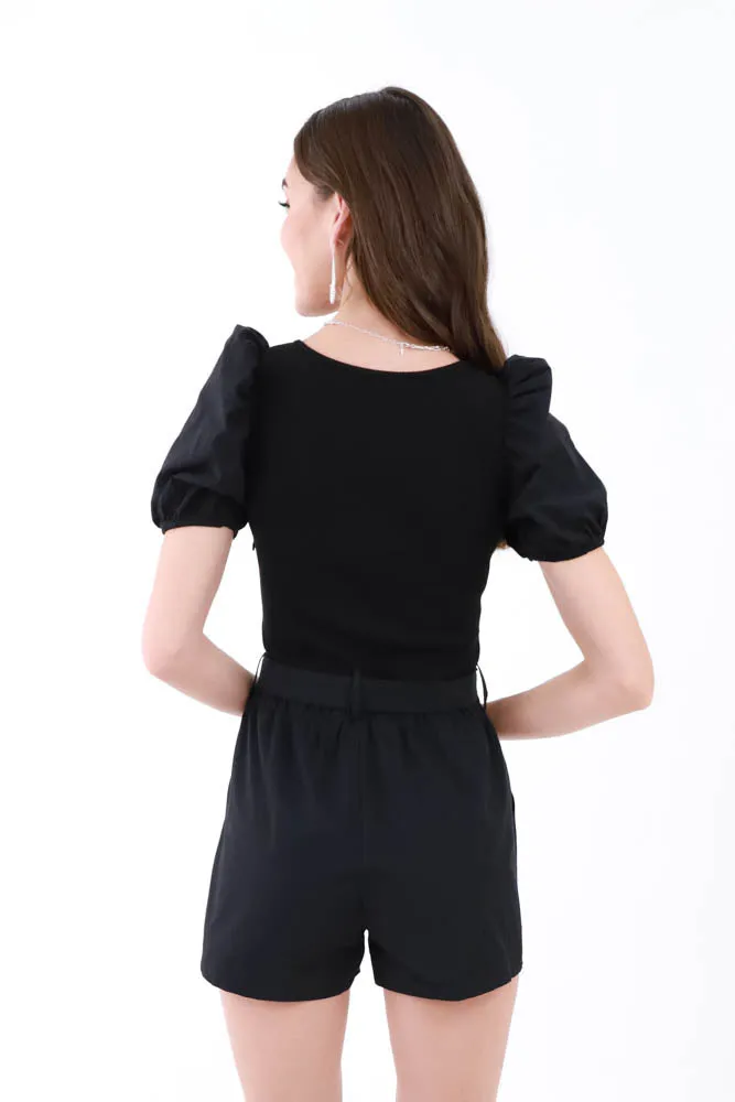 Day-to-Night Puff Sleeve Romper -Black