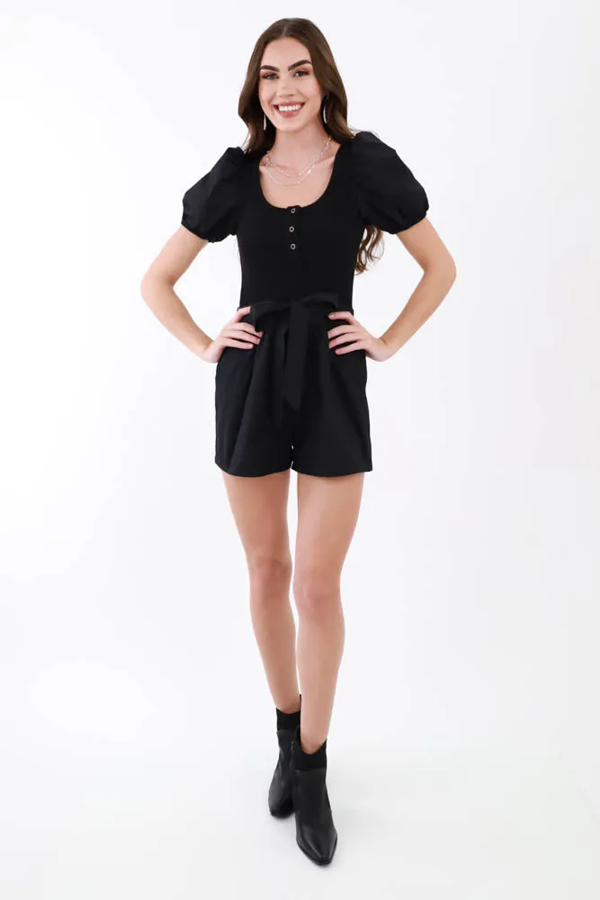 Day-to-Night Puff Sleeve Romper -Black