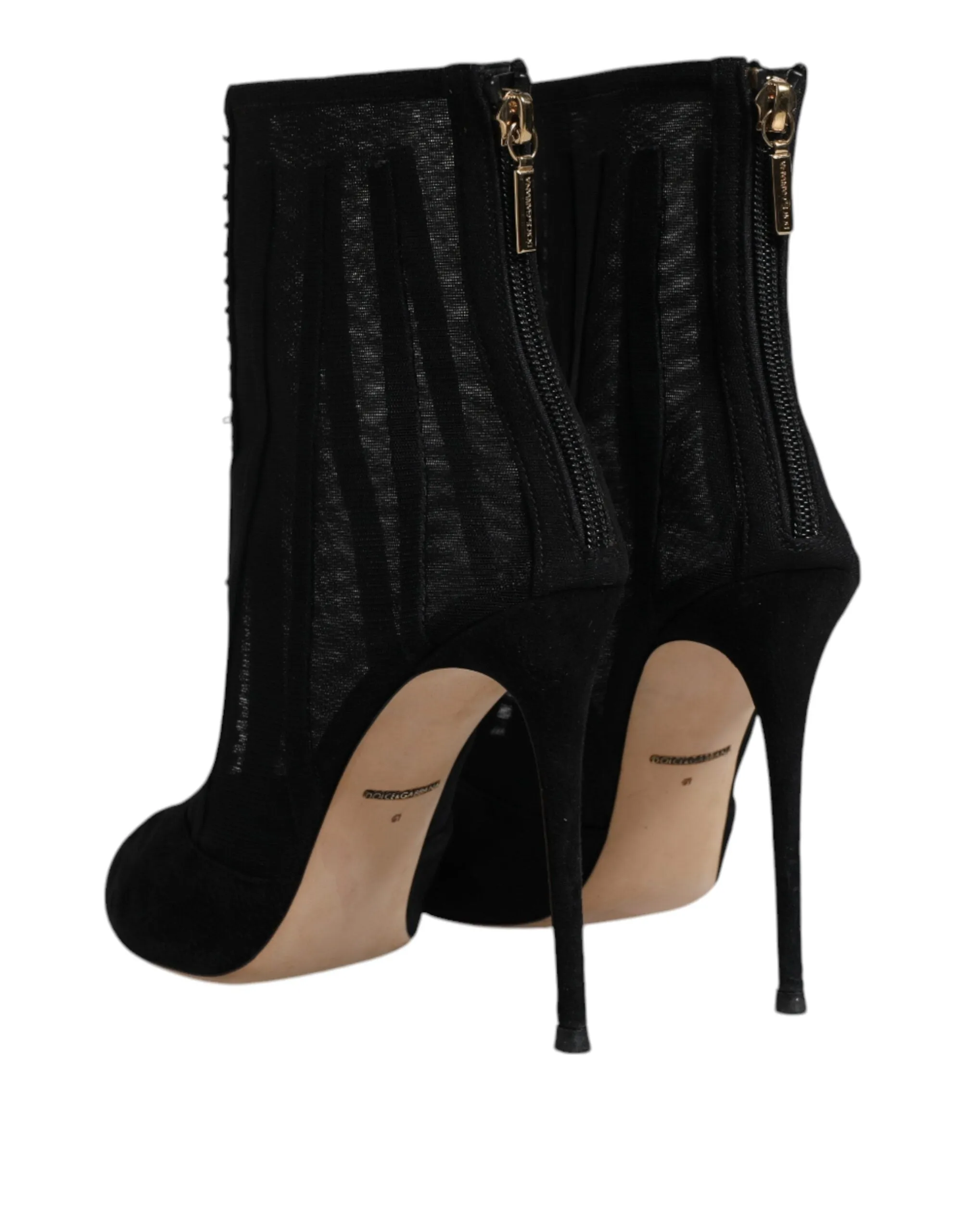 Dolce&Gabbana Women Black Ankle Boots Mesh Striped Zip High Heels Booties EUR 41