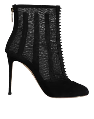 Dolce&Gabbana Women Black Ankle Boots Mesh Striped Zip High Heels Booties EUR 41