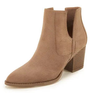 FISACE Womens V Cut Out Ankle Boot Pointed Toe Snakeskin Chunky Stacked Mid Heel Booties