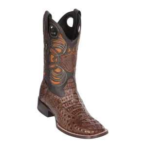 Genuine Caiman Hornback Wide Square Toe Boot in Brown