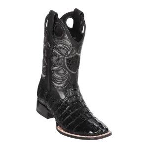 Genuine Caiman Tail Wide Square Toe Boot in Black