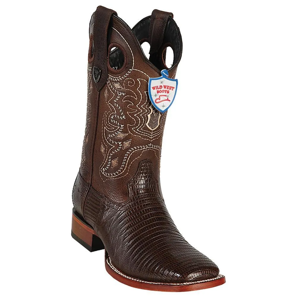 Genuine Teju Lizard Wide Square Toe Boot in Brown