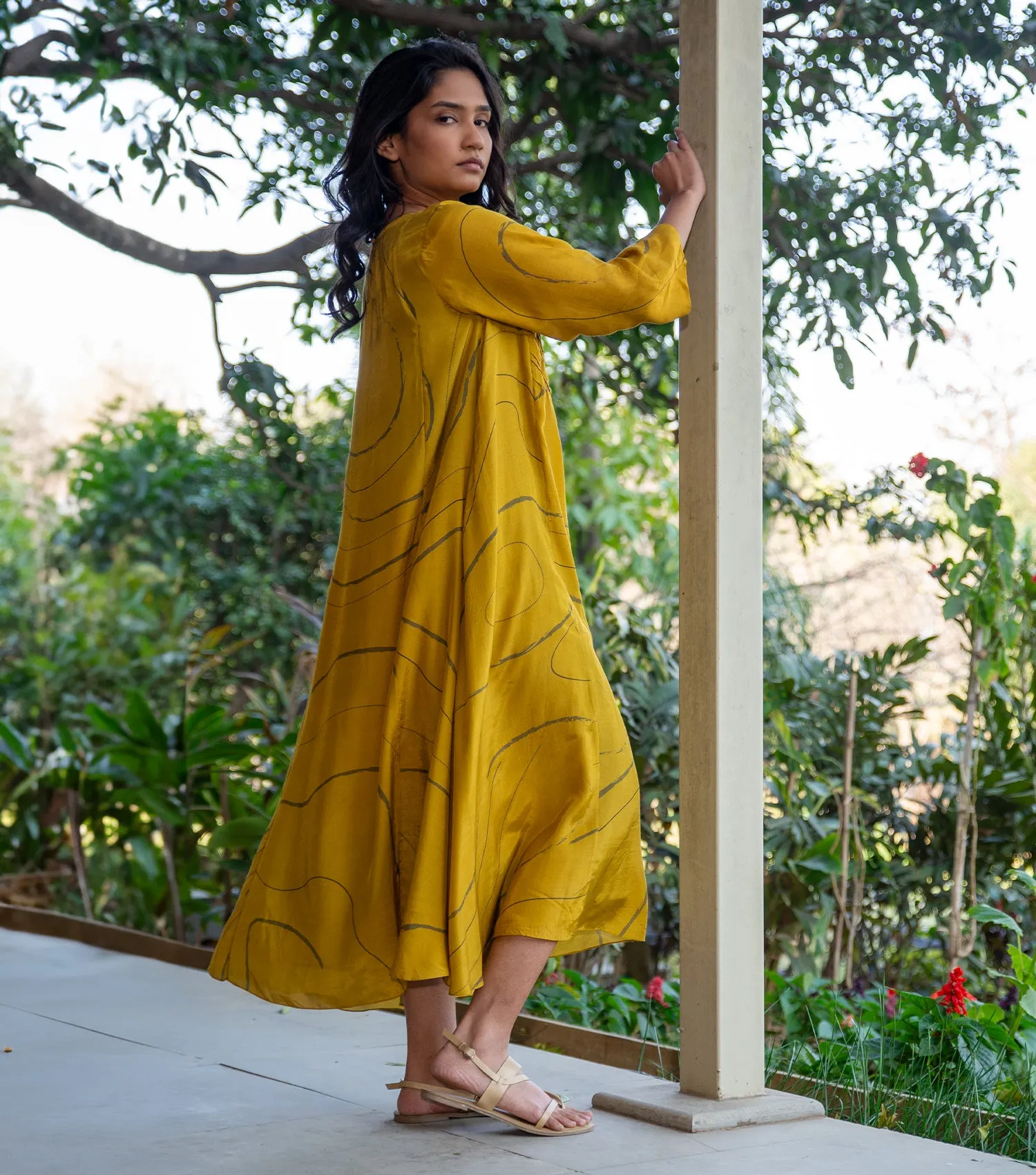 GOLDEN BLOOM MUSLIN PRINTED MAXI DRESS