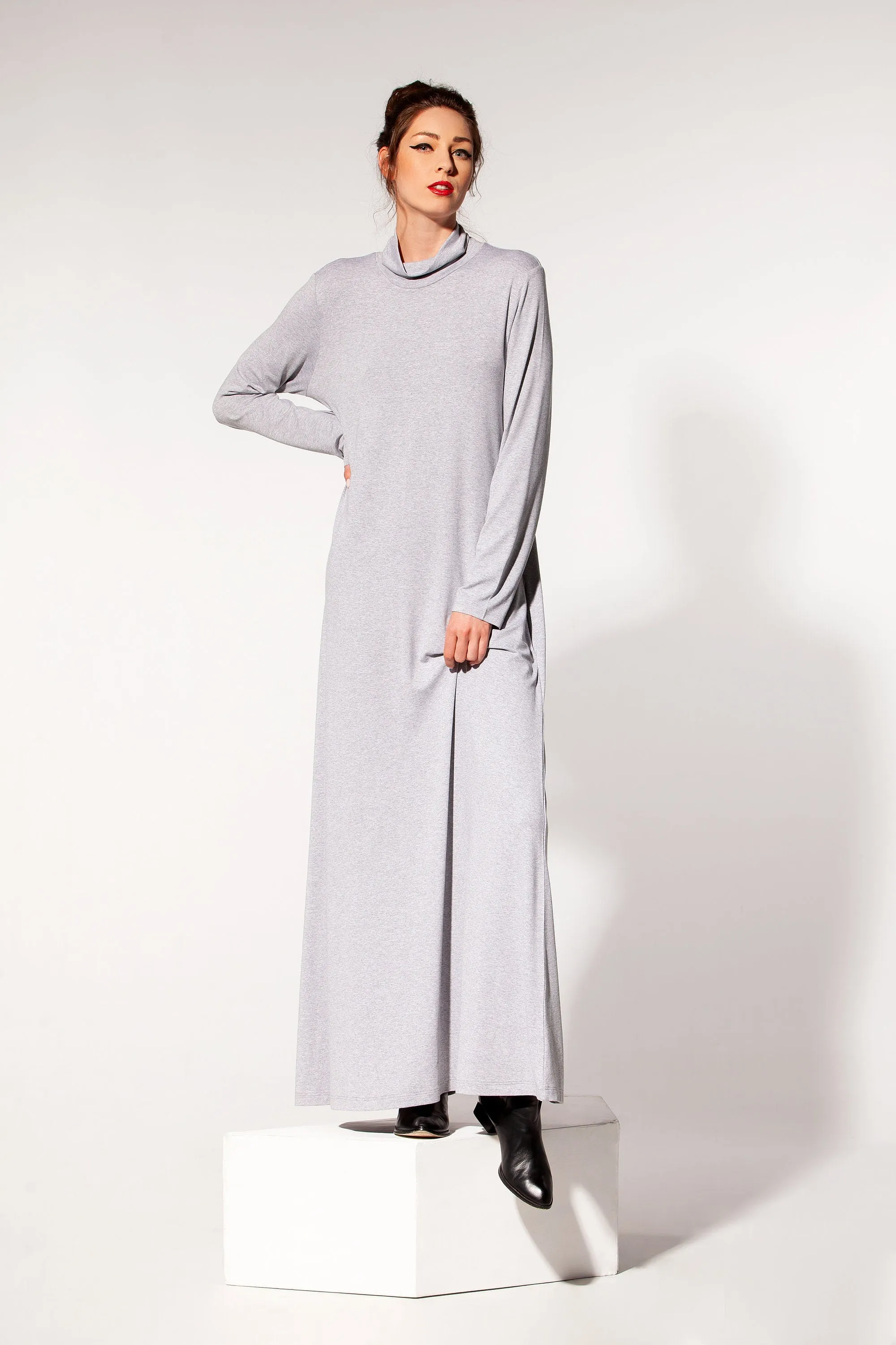 Grey Kaftan Dress, Grey Maxi Dress, Turtleneck Dress, Minimalist Clothing, A Line Maxi Dress, Abaya Dress, Plus Size Dress, Long Sleeve Maxi