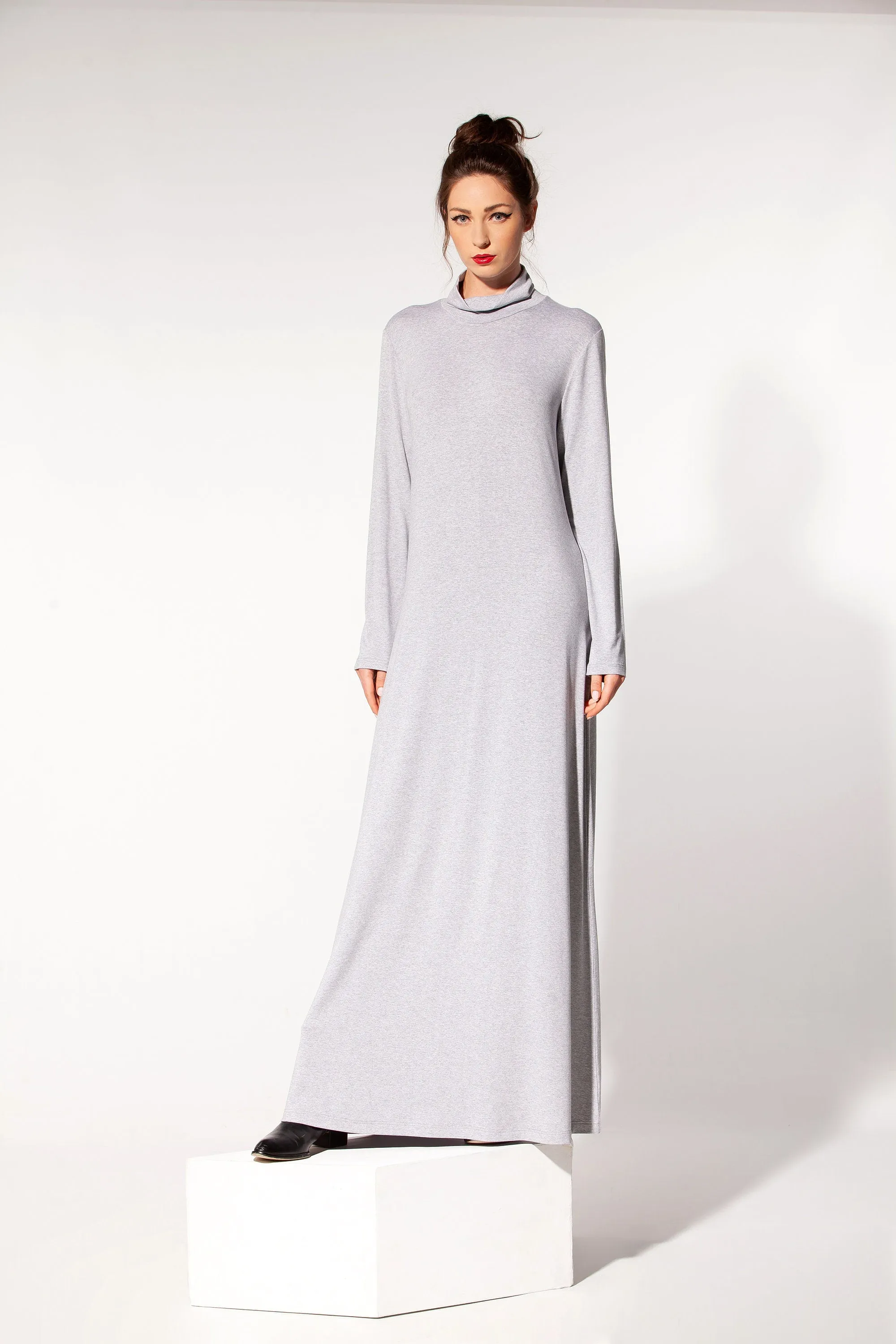 Grey Kaftan Dress, Grey Maxi Dress, Turtleneck Dress, Minimalist Clothing, A Line Maxi Dress, Abaya Dress, Plus Size Dress, Long Sleeve Maxi