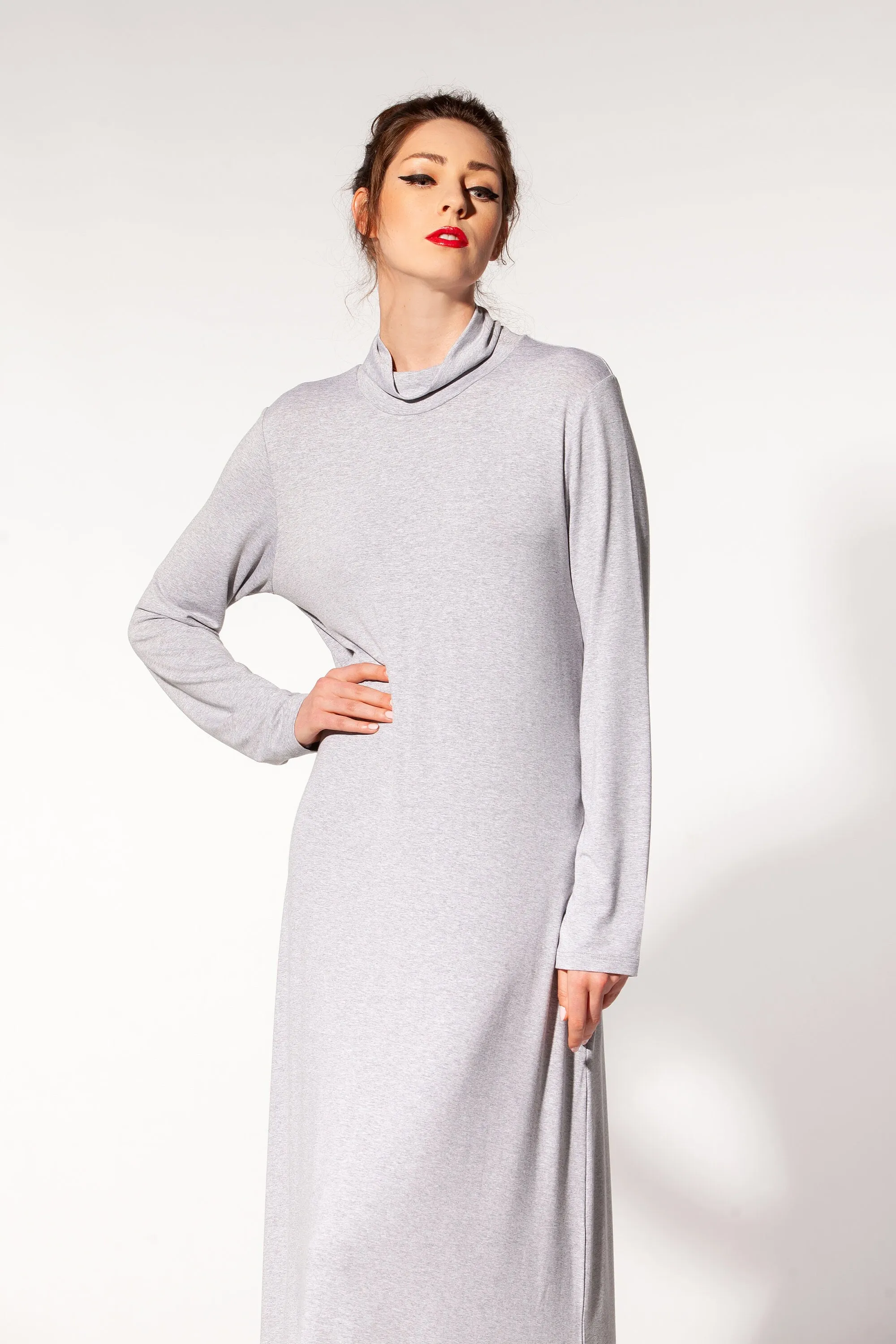 Grey Kaftan Dress, Grey Maxi Dress, Turtleneck Dress, Minimalist Clothing, A Line Maxi Dress, Abaya Dress, Plus Size Dress, Long Sleeve Maxi
