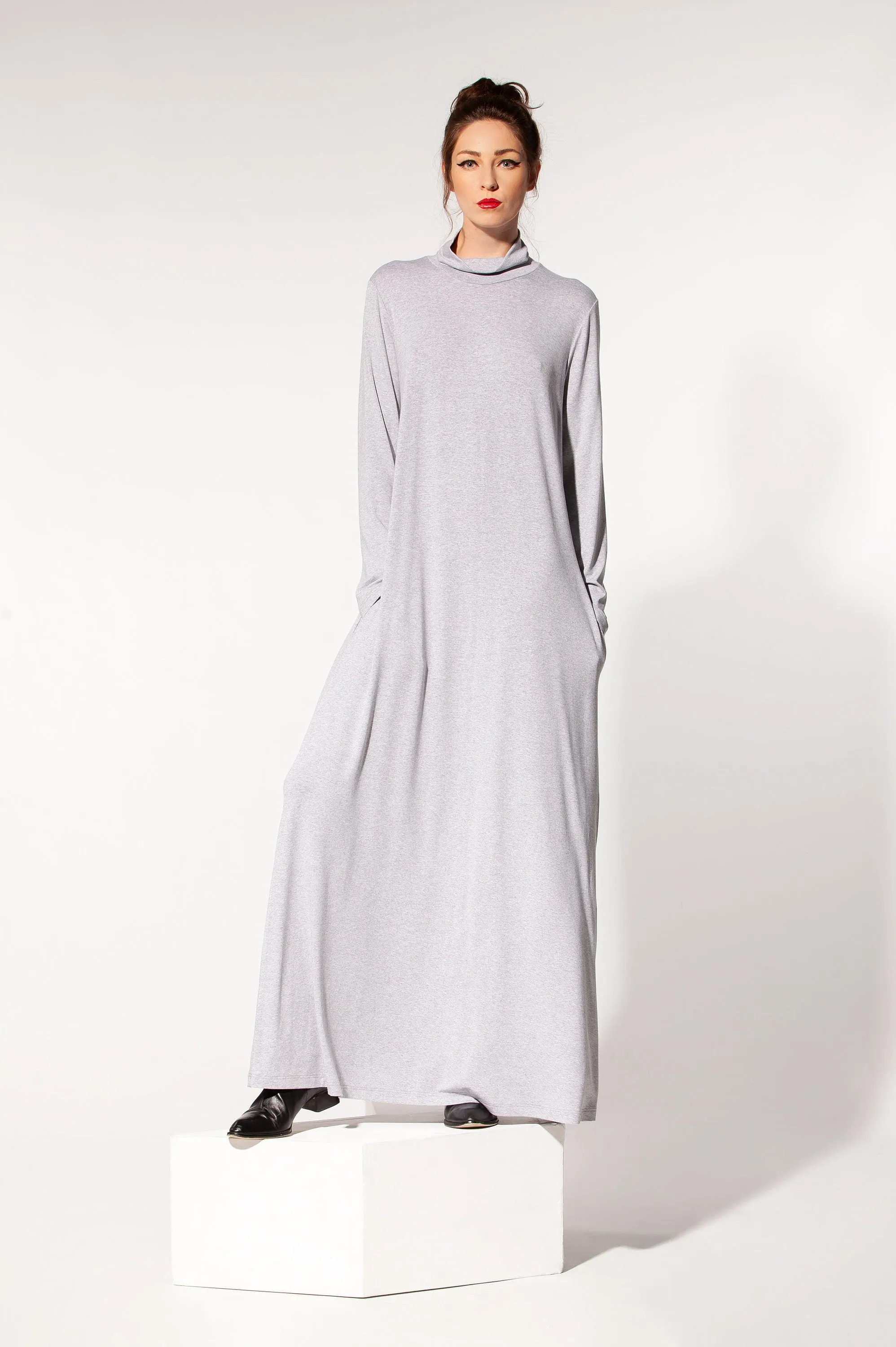 Grey Kaftan Dress, Grey Maxi Dress, Turtleneck Dress, Minimalist Clothing, A Line Maxi Dress, Abaya Dress, Plus Size Dress, Long Sleeve Maxi
