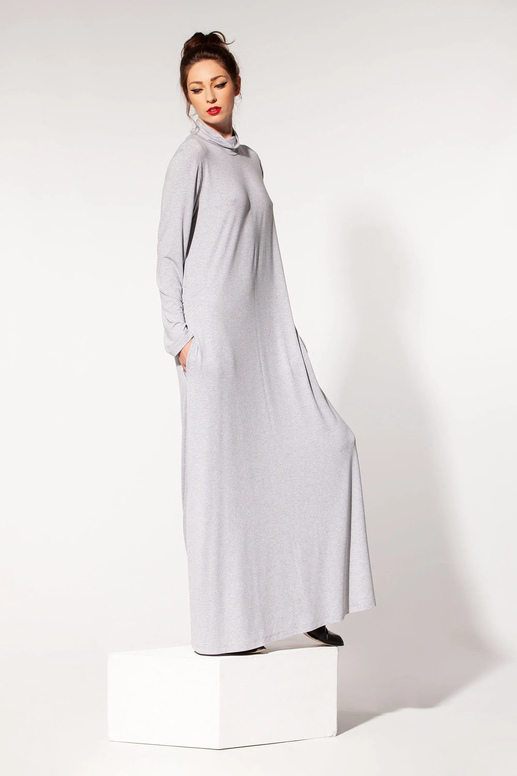 Grey Kaftan Dress, Grey Maxi Dress, Turtleneck Dress, Minimalist Clothing, A Line Maxi Dress, Abaya Dress, Plus Size Dress, Long Sleeve Maxi
