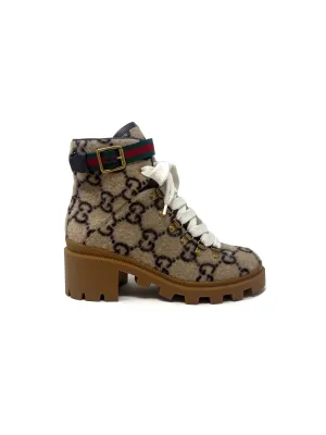 Gucci W Shoe Size 37.5 WB! Wool GG Web Stripe Ankle Strap Lug Boots