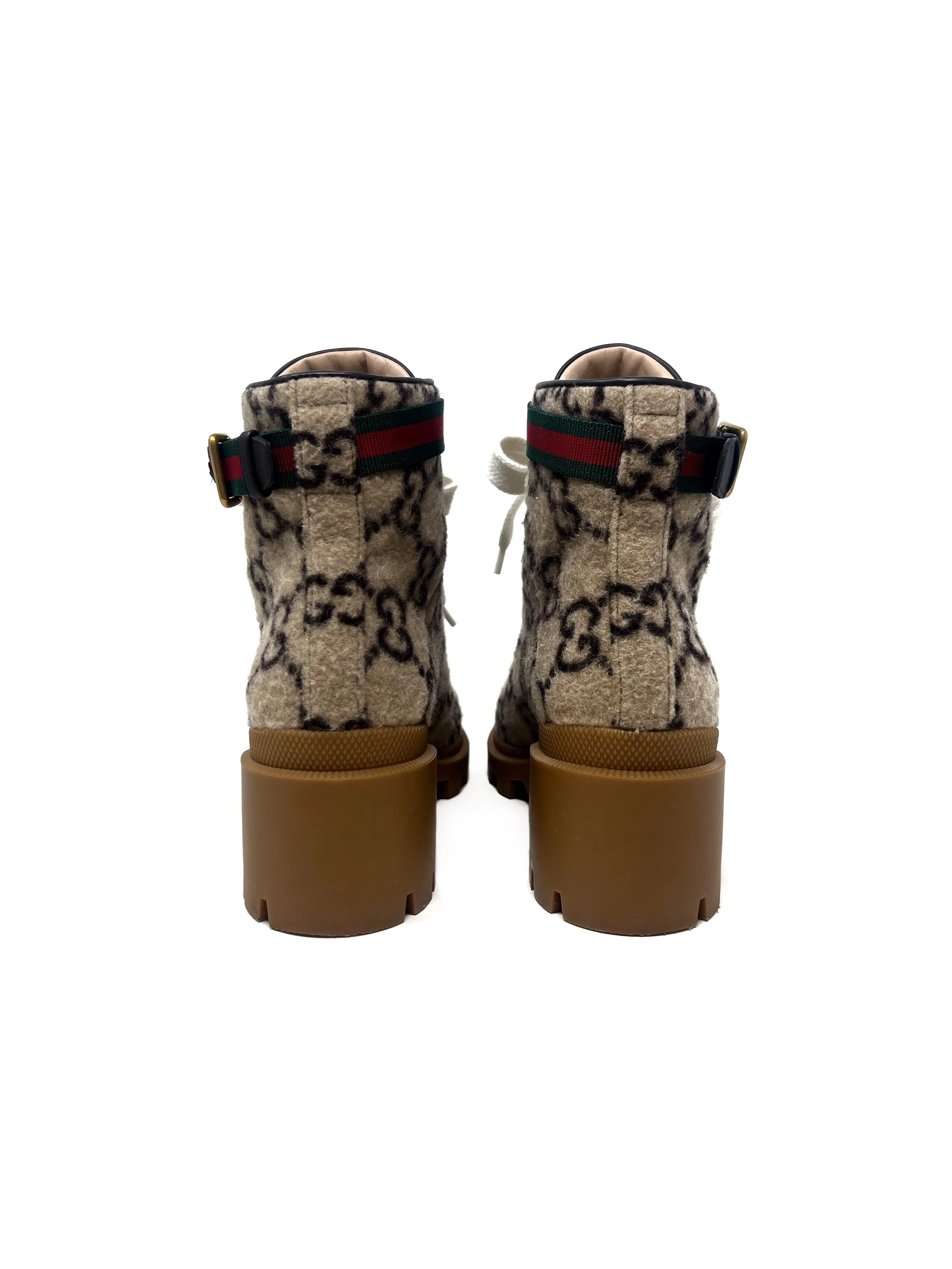 Gucci W Shoe Size 37.5 WB! Wool GG Web Stripe Ankle Strap Lug Boots