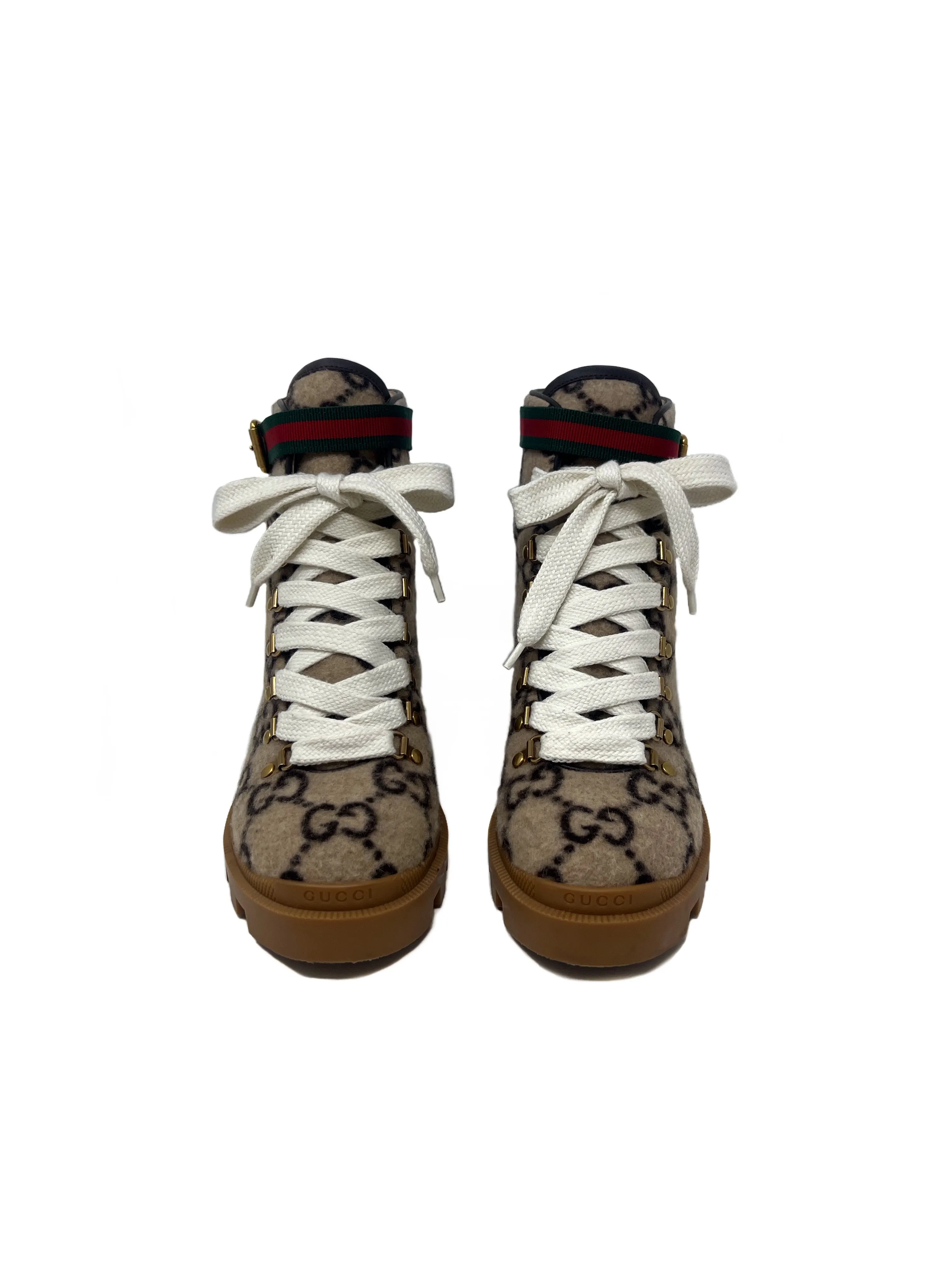 Gucci W Shoe Size 37.5 WB! Wool GG Web Stripe Ankle Strap Lug Boots