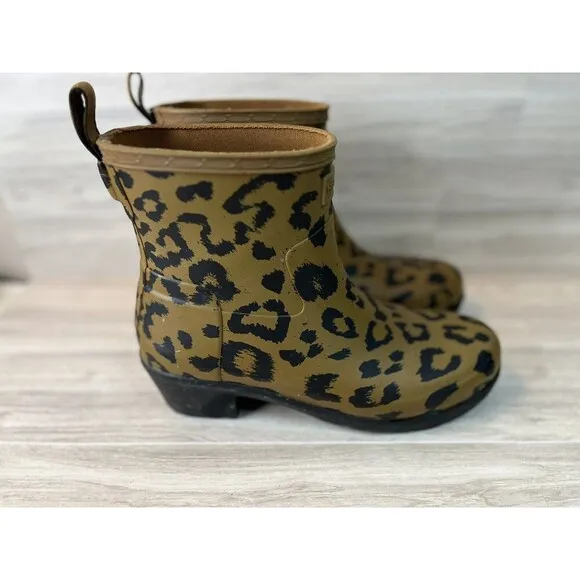 Hunter Women's Rain Boots Brown Refined Short Ankle Biker Cheetah Black Sz 6