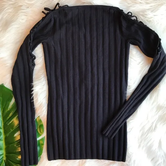 Intermix Navy Lace-up Shoulder Rib Knit Sweater