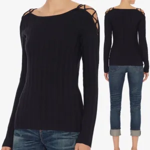 Intermix Navy Lace-up Shoulder Rib Knit Sweater