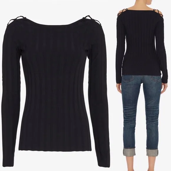 Intermix Navy Lace-up Shoulder Rib Knit Sweater