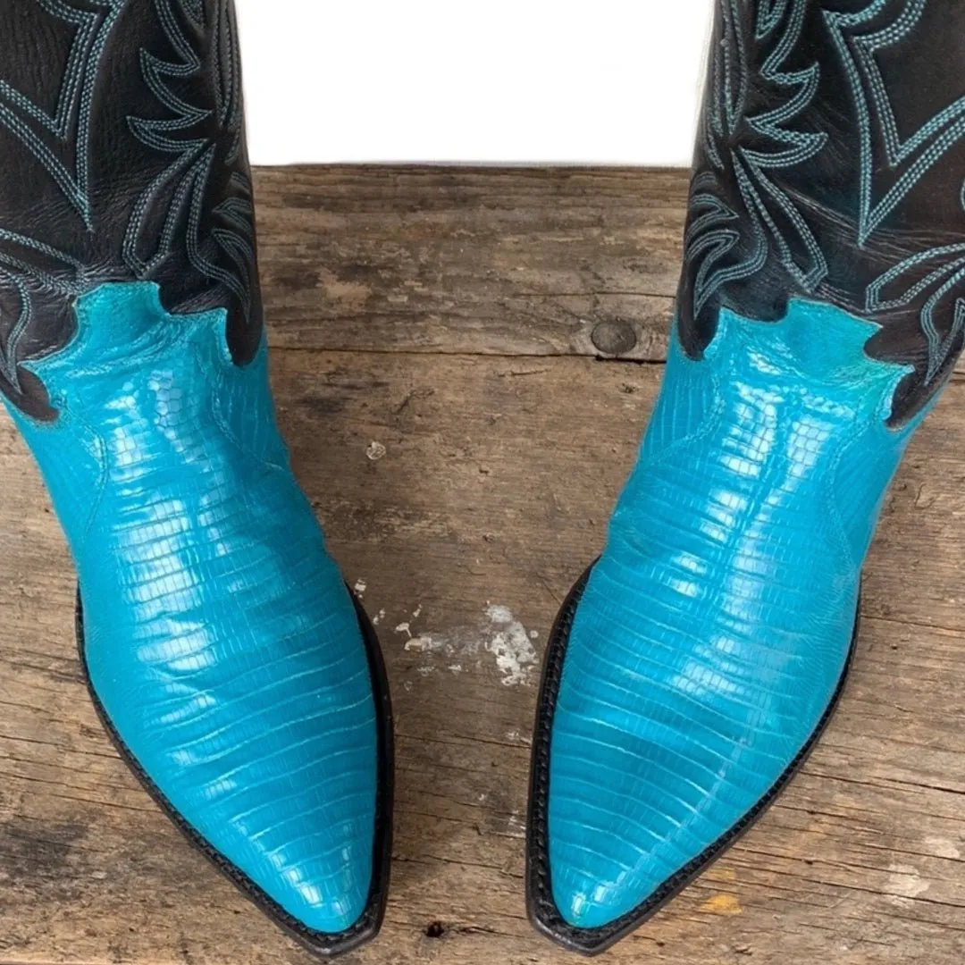 JUSTIN BOOTS Vintage Turquoise Blue Lizard Black Cowboy Boots