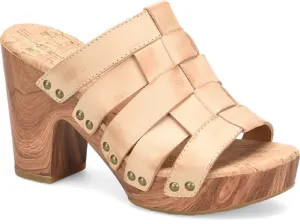 KORK-EASE Devan Women's Heeled Sandal – Hand-Burnished Woven Leather with Antiqued Rivets & Woodgrain Heel – Natural, 9M US