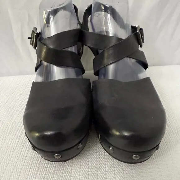 Korks Abloom Clogs Womens 9.5 Black Studded Wood Heel Platform Slingback Leather
