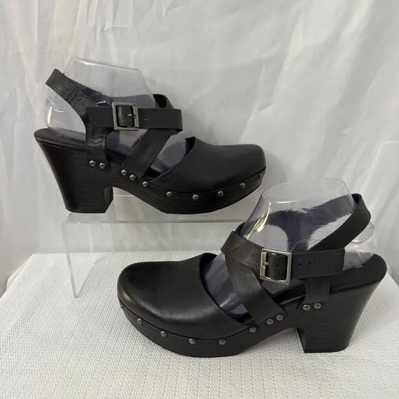 Korks Abloom Clogs Womens 9.5 Black Studded Wood Heel Platform Slingback Leather