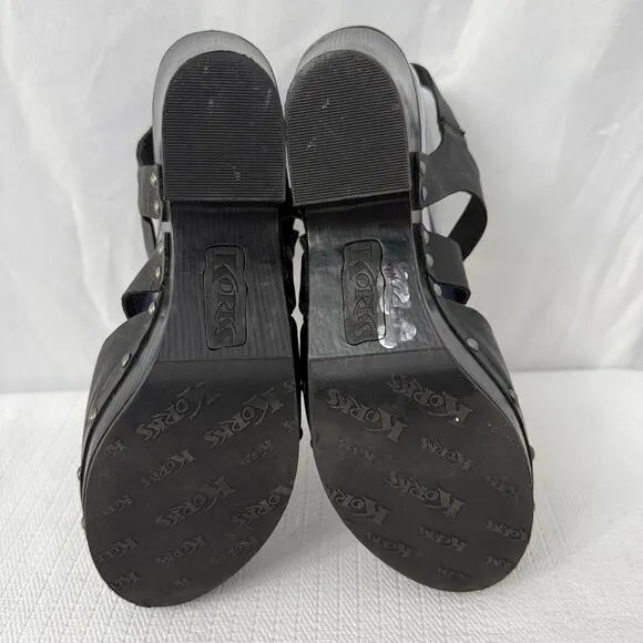 Korks Abloom Clogs Womens 9.5 Black Studded Wood Heel Platform Slingback Leather