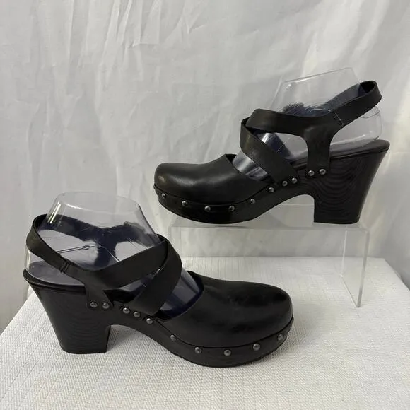 Korks Abloom Clogs Womens 9.5 Black Studded Wood Heel Platform Slingback Leather