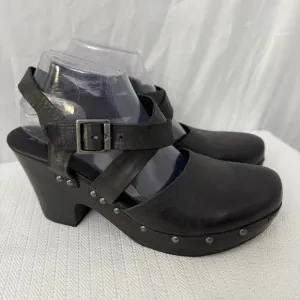 Korks Abloom Clogs Womens 9.5 Black Studded Wood Heel Platform Slingback Leather