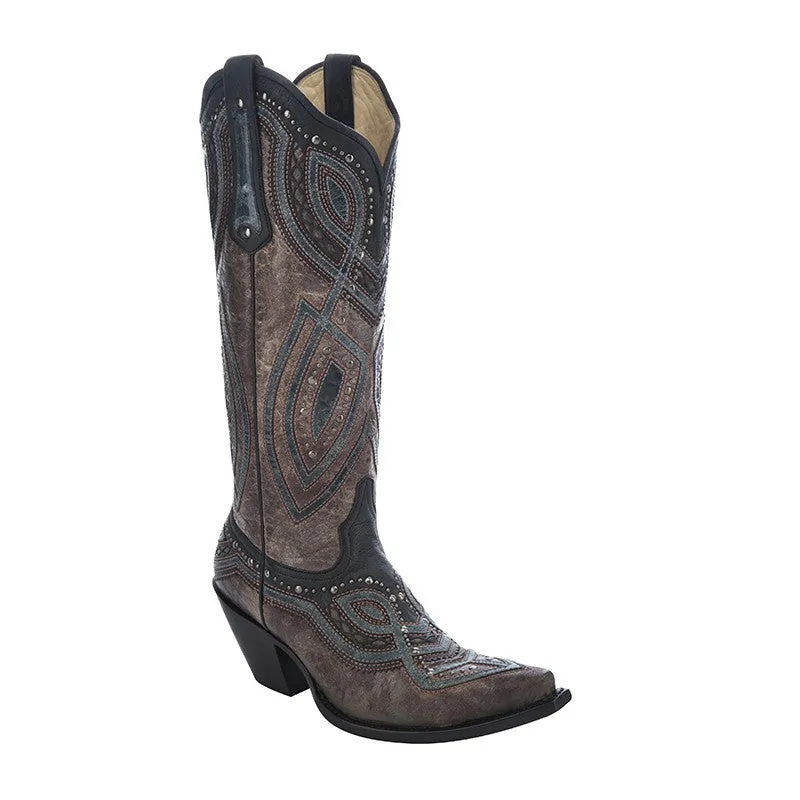 Ladies’ Corral Dark Chocolate w/ Grey Overlay & Studs Boots