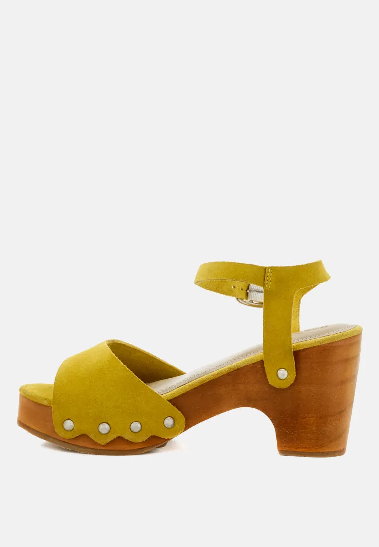 Liona Mustard Studded Suede Clogs Sandals By Ruw