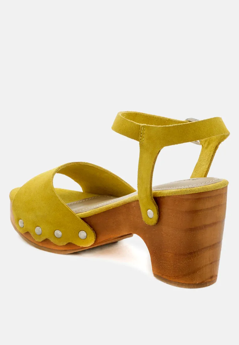 Liona Mustard Studded Suede Clogs Sandals By Ruw