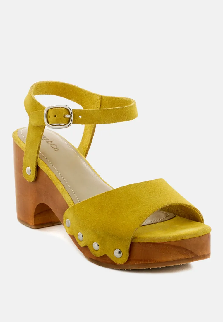 Liona Mustard Studded Suede Clogs Sandals By Ruw