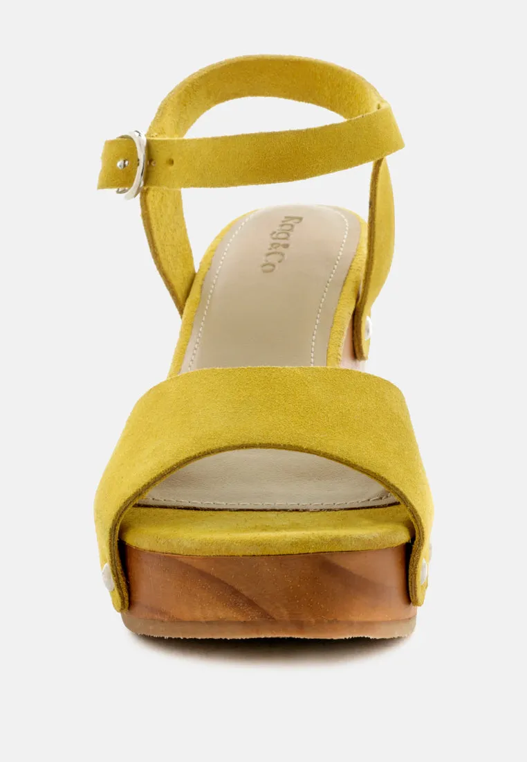 Liona Mustard Studded Suede Clogs Sandals By Ruw