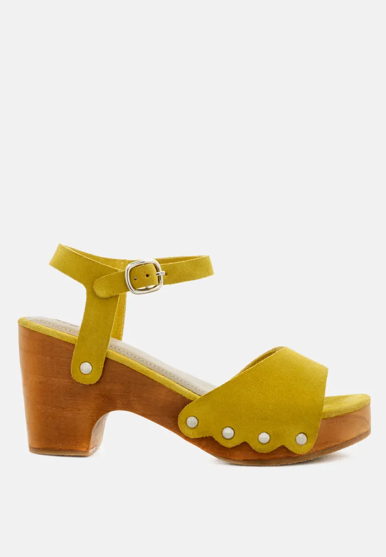 Liona Mustard Studded Suede Clogs Sandals By Ruw