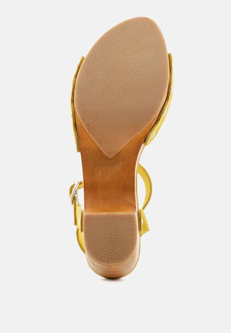 Liona Mustard Studded Suede Clogs Sandals By Ruw