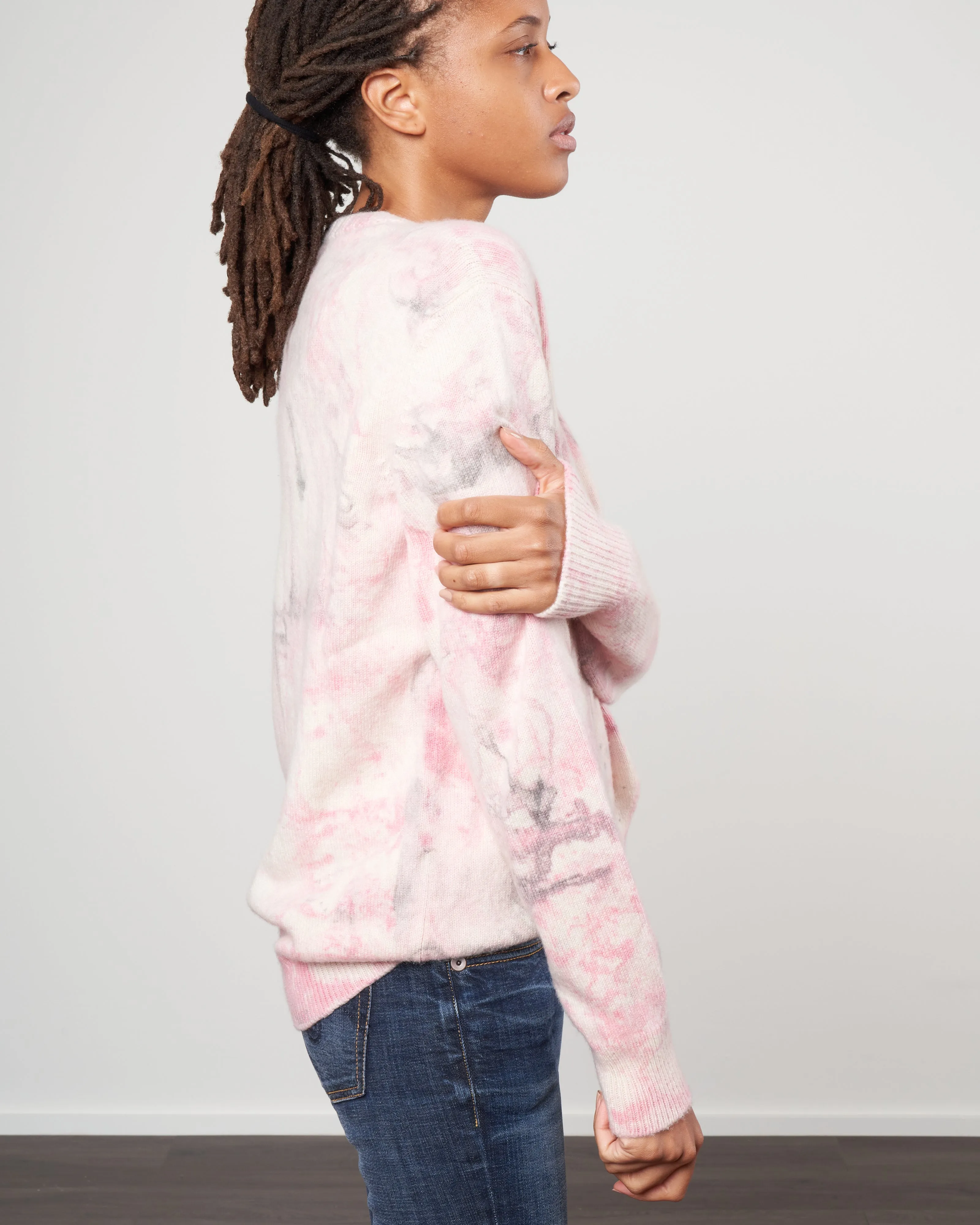 marble dye crew sweater - pink/grey