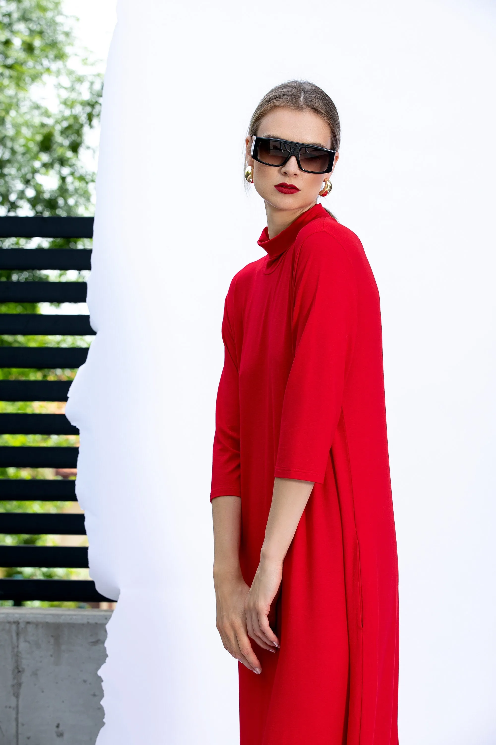 Minimalist Dress in Red, Women's Valentine Dress, Red Maxi Dress, Comfortable Dress, Loose Fit Dress with Pockets, Simple Dress
