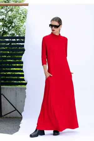 Minimalist Dress in Red, Women's Valentine Dress, Red Maxi Dress, Comfortable Dress, Loose Fit Dress with Pockets, Simple Dress