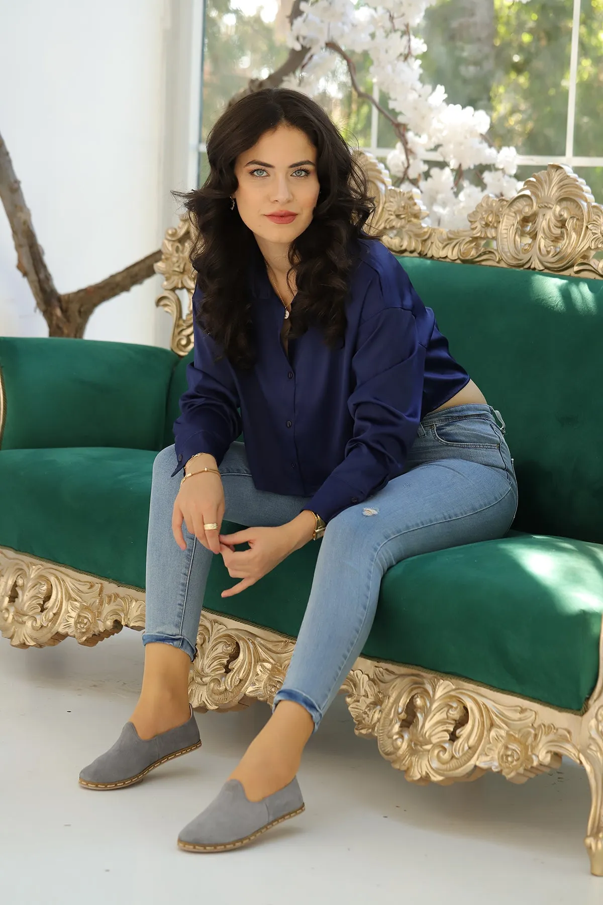 Mist Grey Handmade Suede Loafers (Women's)