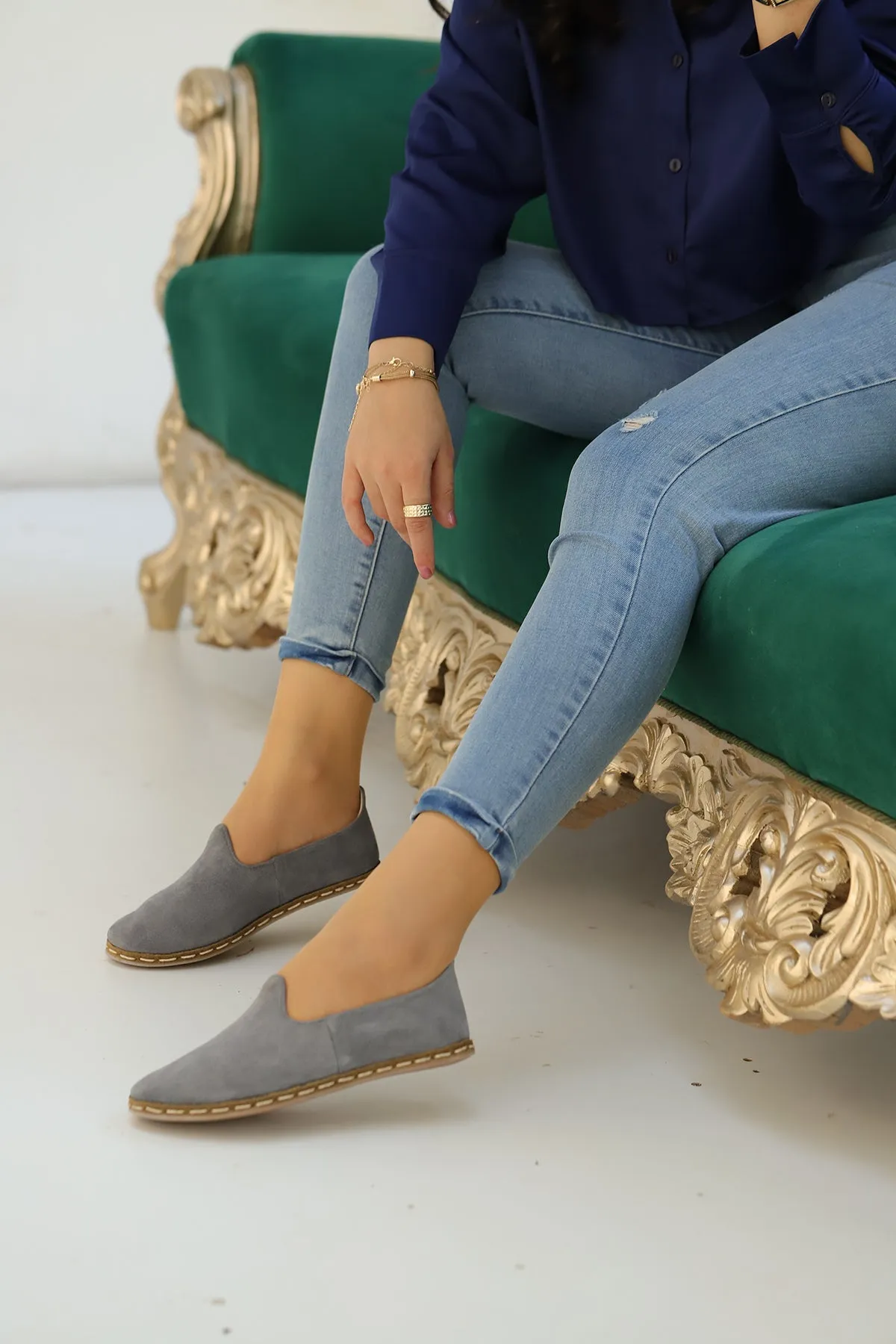 Mist Grey Handmade Suede Loafers (Women's)