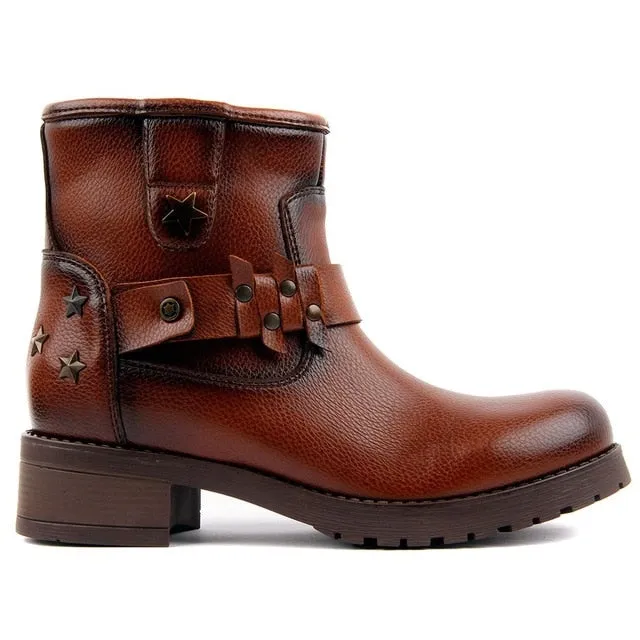 Moxee-Tan Leather Women Boots Autumn Winter Boots Shoes Woman Fashion Round Toe Zipper Combat Ladies Shoes Casual Spring Female Ankle Boots Size 36-40  Hot New