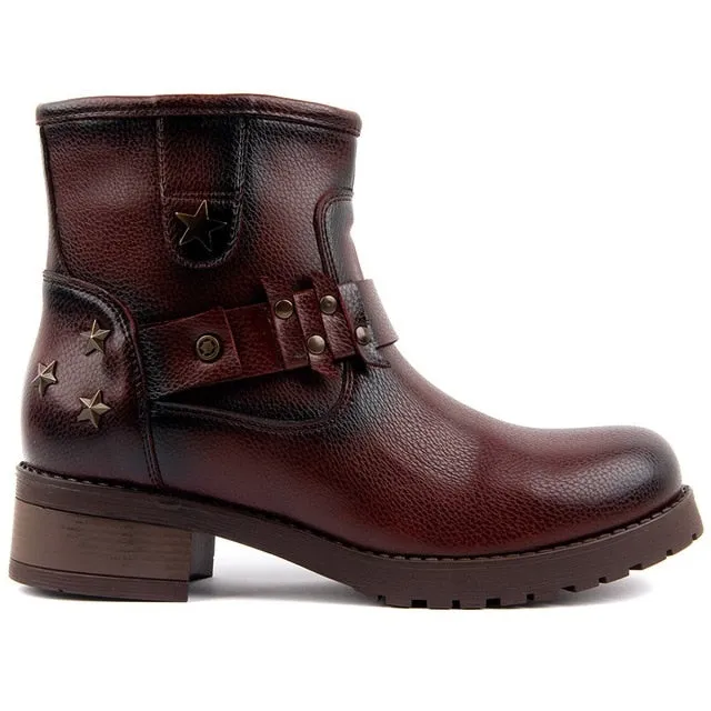 Moxee-Tan Leather Women Boots Autumn Winter Boots Shoes Woman Fashion Round Toe Zipper Combat Ladies Shoes Casual Spring Female Ankle Boots Size 36-40  Hot New
