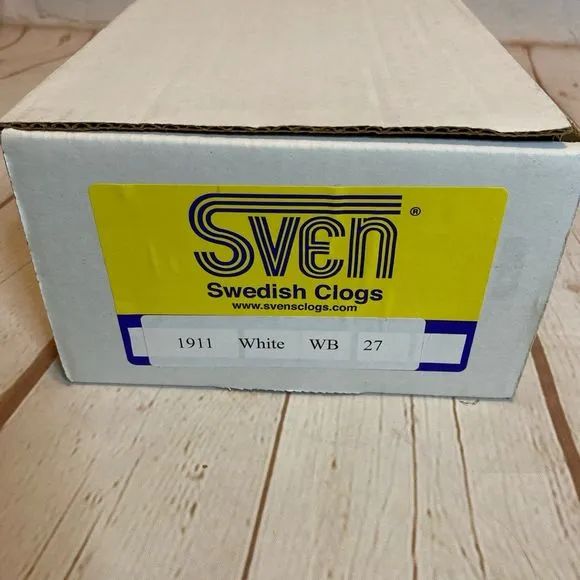 New in Box Sven White Leather and Natural Wood Swedish Clogs Size 27