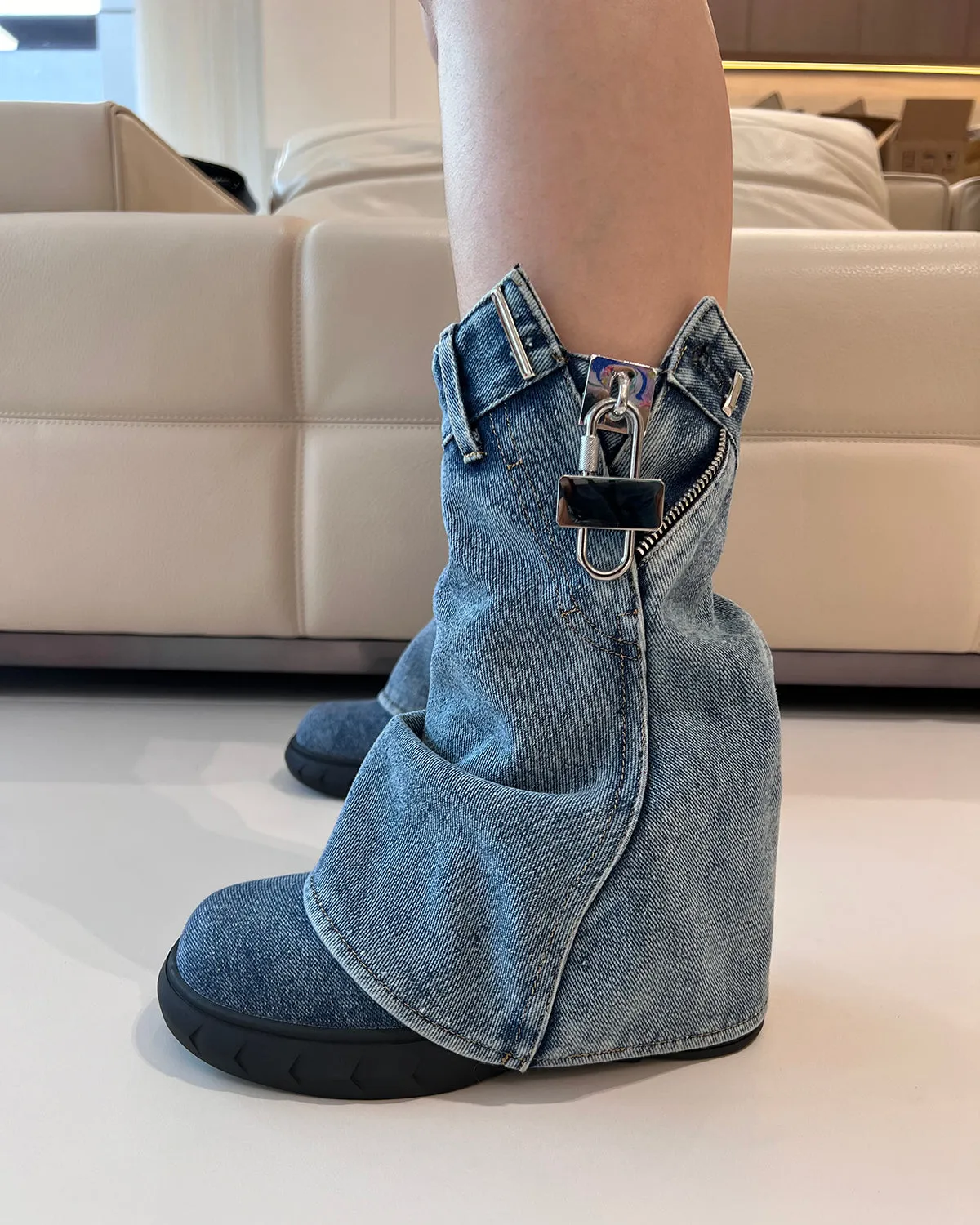New wash denim wedge ankle boots for women