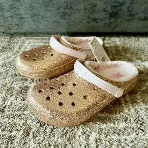 NWT Crocs Kids Classic Lined Clogs Rose Gold Glitter J4