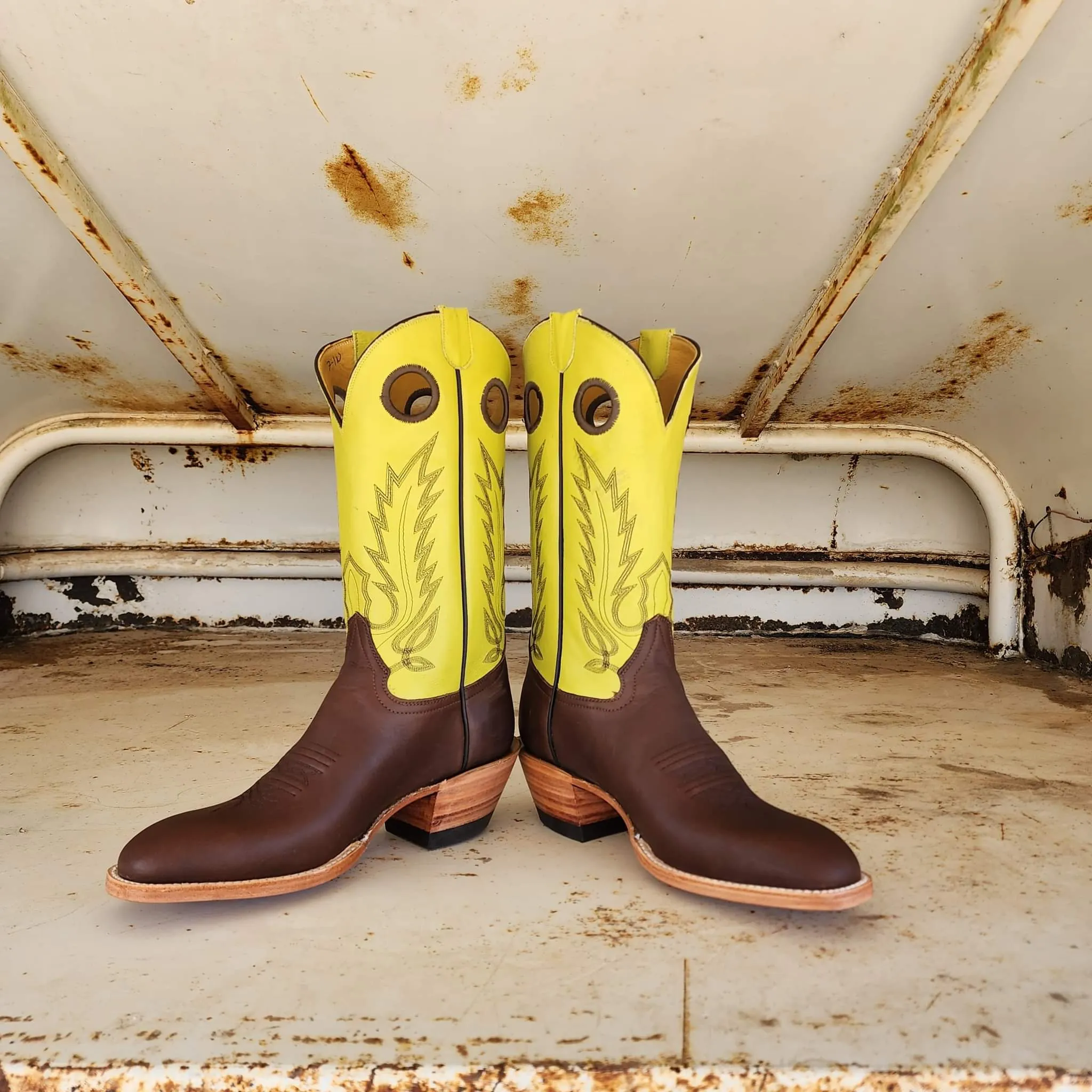 Picosa Creek Boots - Chocolate Mule W/ Yellow or Lime Green Cowhide- The Roughstock