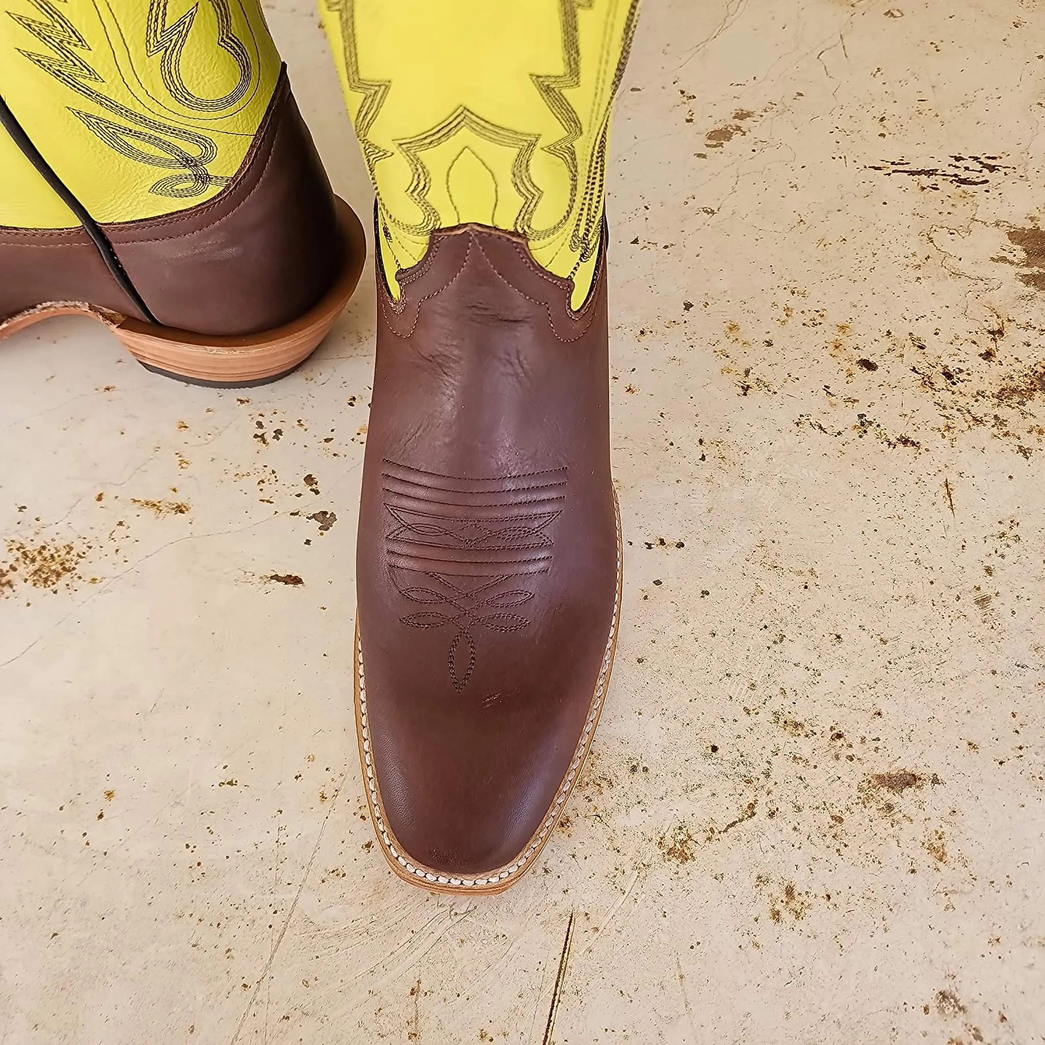 Picosa Creek Boots - Chocolate Mule W/ Yellow or Lime Green Cowhide- The Roughstock